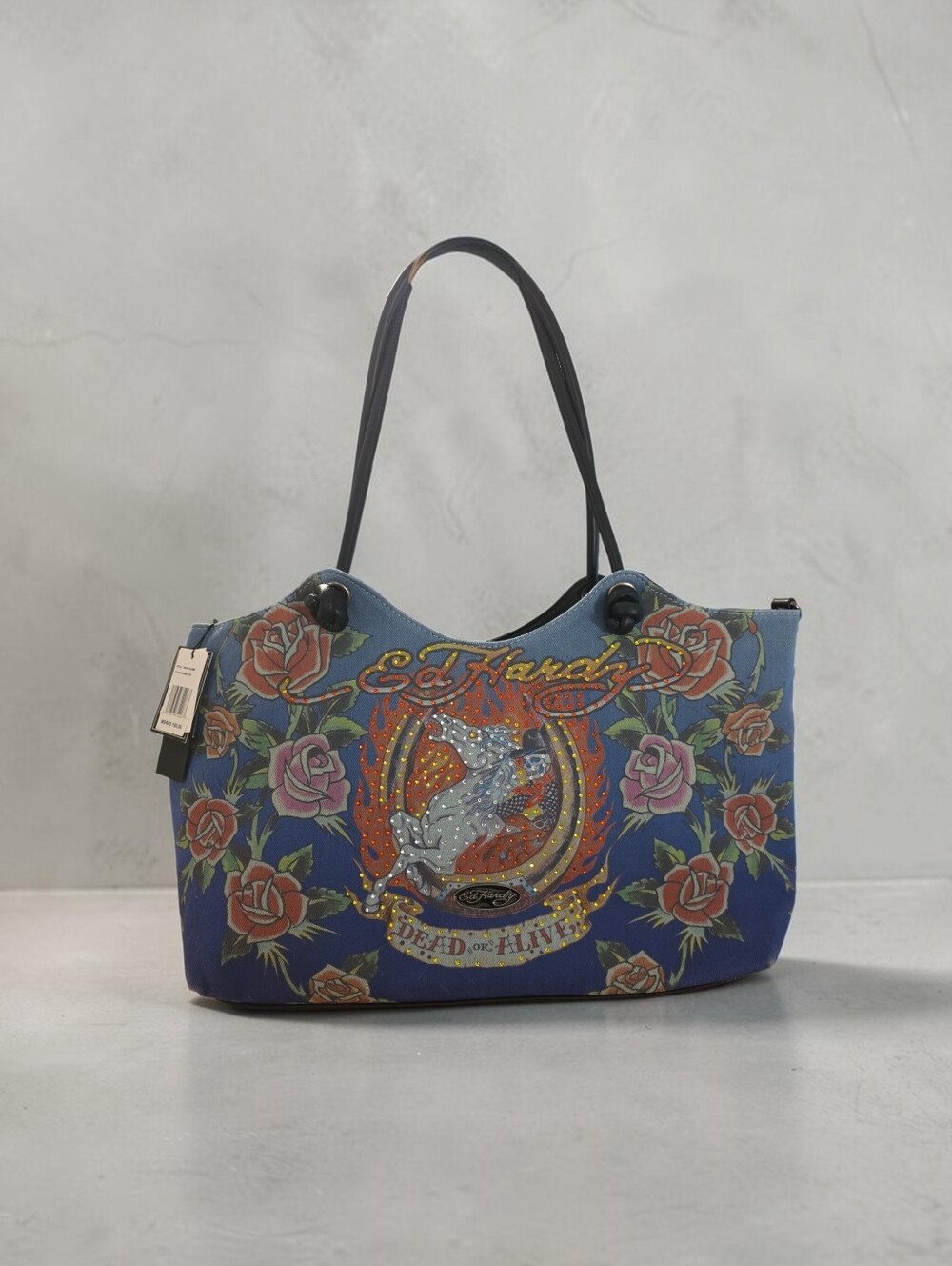 Ed Hardy  Nwt Blue Floral Rhinestone Canvas Tote